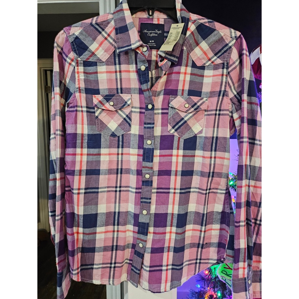 American Eagle Outfitters Wmns Plaid Long Sleeve Snap Button Shirt Med Pink Navy